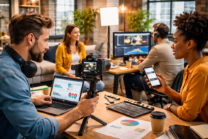 A business owner reviewing video marketing analytics on a laptop