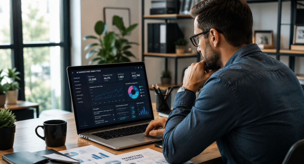 Business owner reviewing AI marketing analytics and customer engagement data