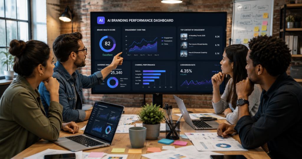 Creative marketing professionals analyzing AI branding performance and customer engagement