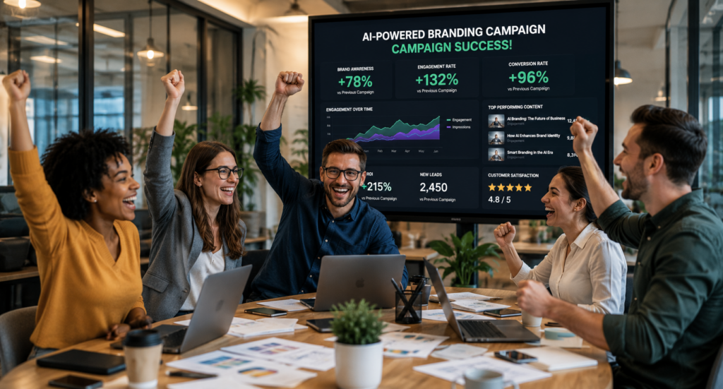Marketing team celebrating successful AI-powered branding campaign