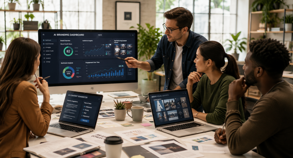 Modern marketing team using AI-powered branding tools