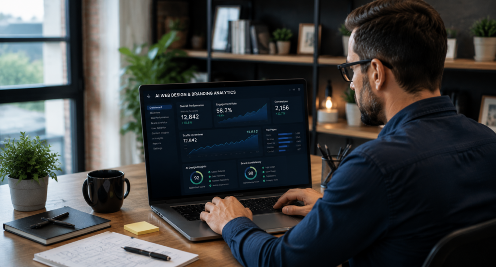 Business owner reviewing AI web design and branding analytics on a laptop