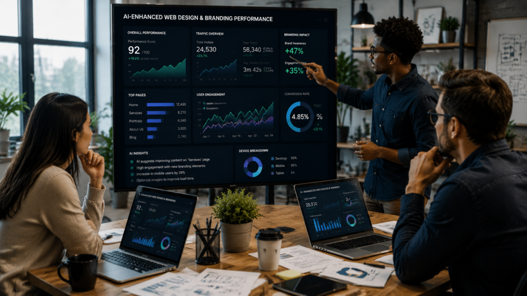 Creative professionals analyzing AI-enhanced web design and branding performance metrics