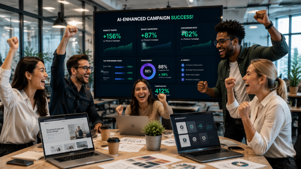 Marketing team celebrating successful AI-enhanced web design and branding campaign in a modern office