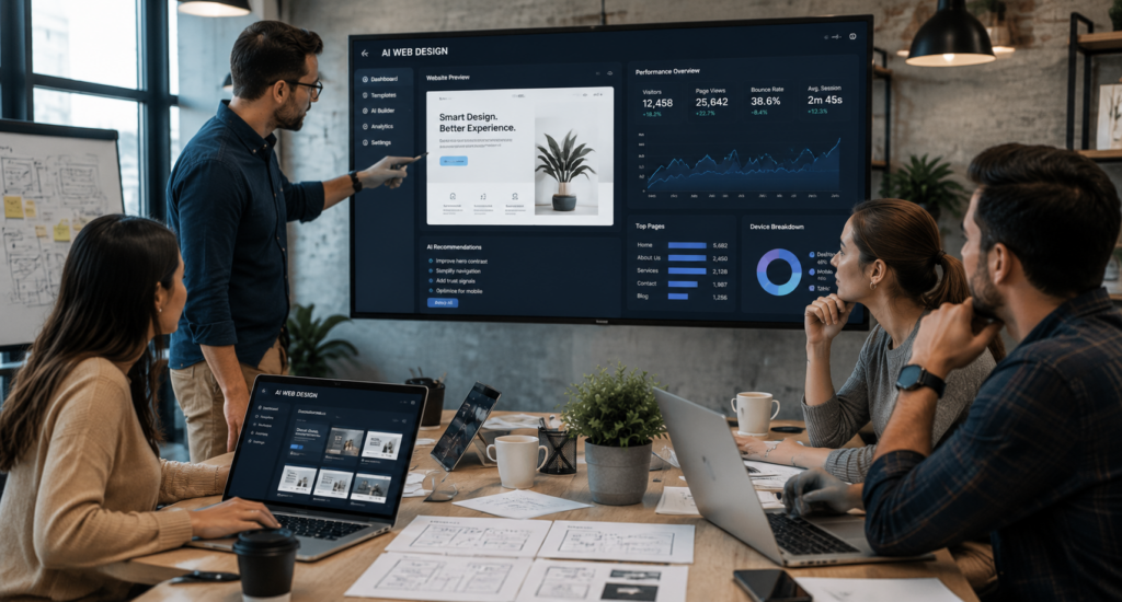 Marketing team using AI web design tools and reviewing analytics on large screens