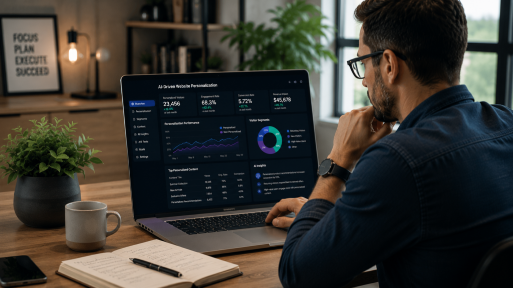 Business owner analyzing personalization metrics on laptop