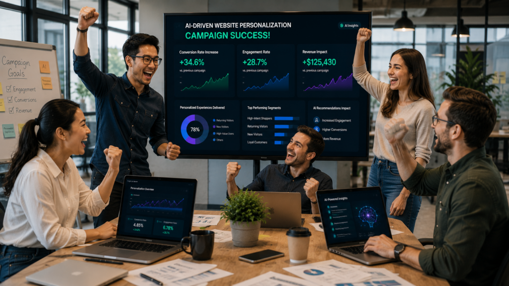 Team celebrating AI personalization campaign success