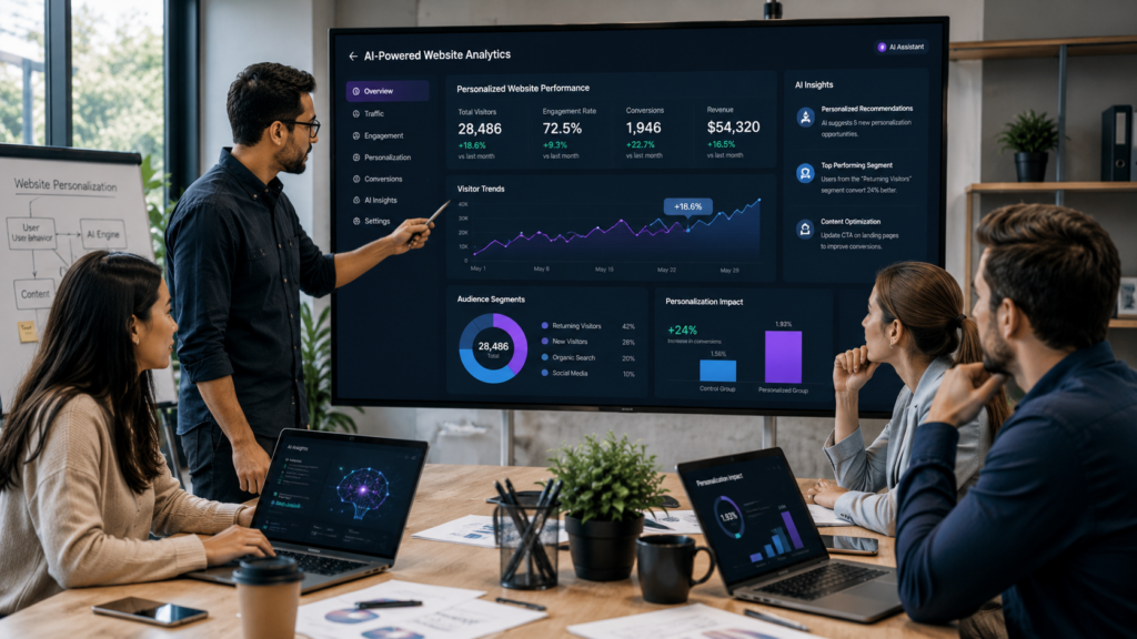 Team reviewing AI analytics on large screens