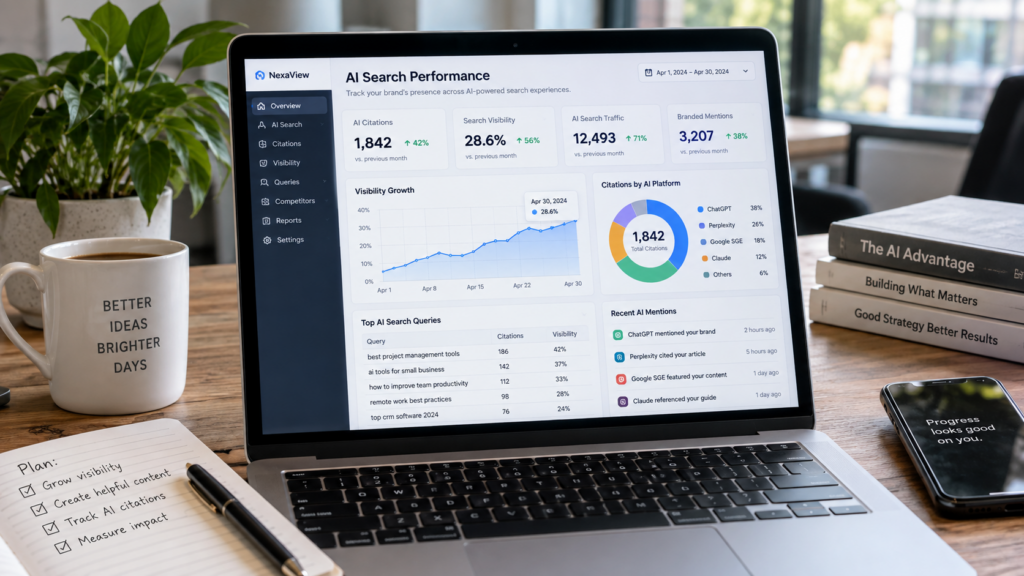 AI search visibility dashboard showing website citations and search performance