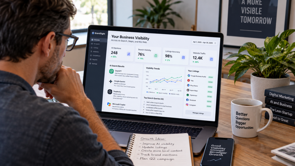 Business owner reviewing AI search visibility and website performance