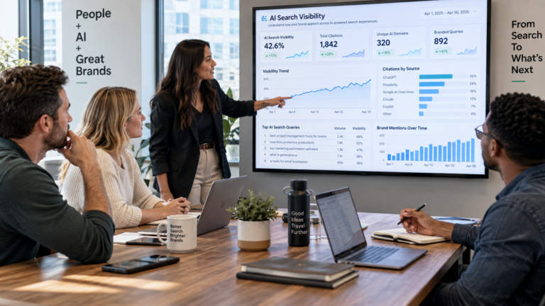 Marketing team analyzing AI search visibility and website citation analytics