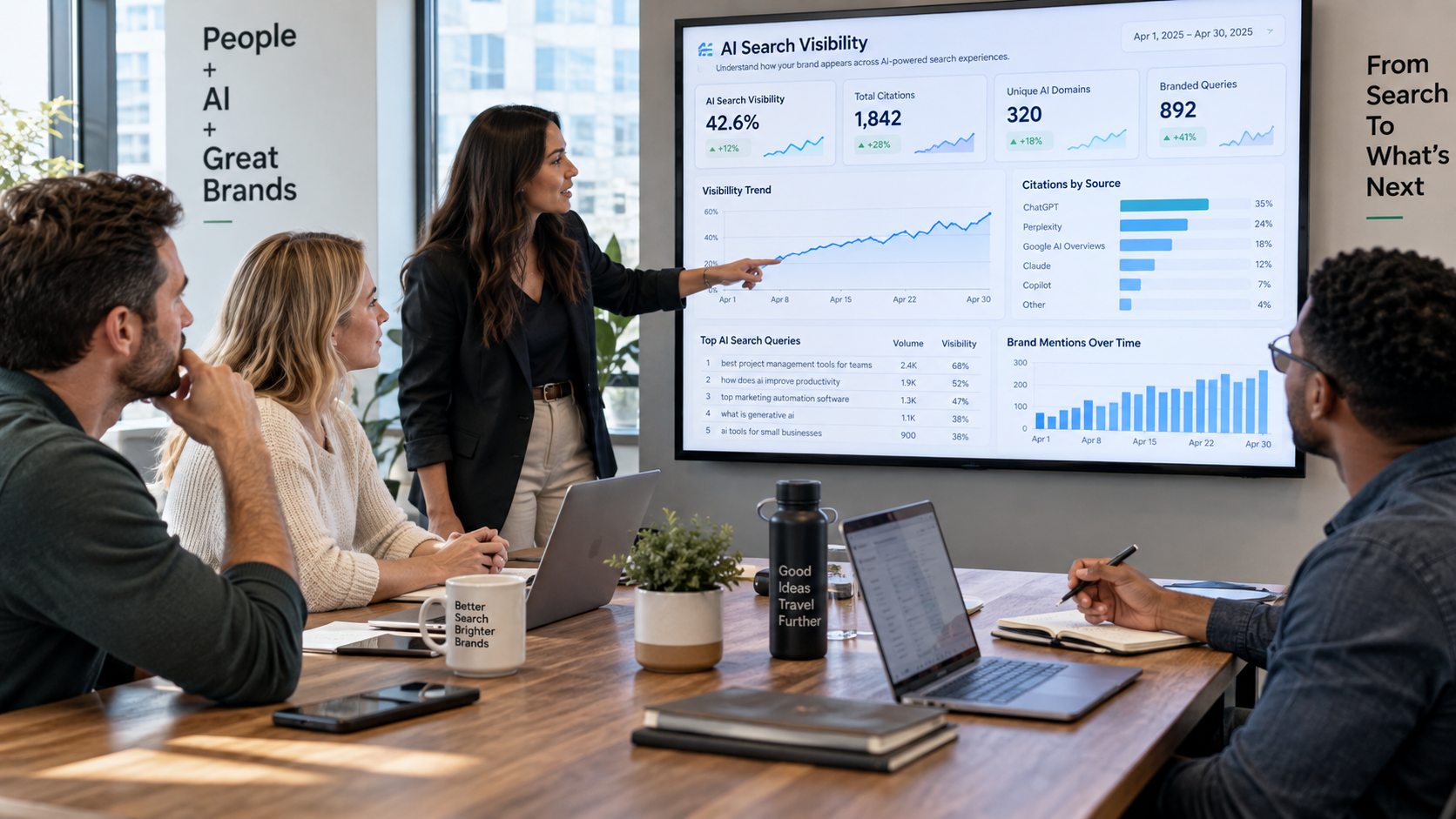 Marketing team analyzing AI search visibility and website citation analytics